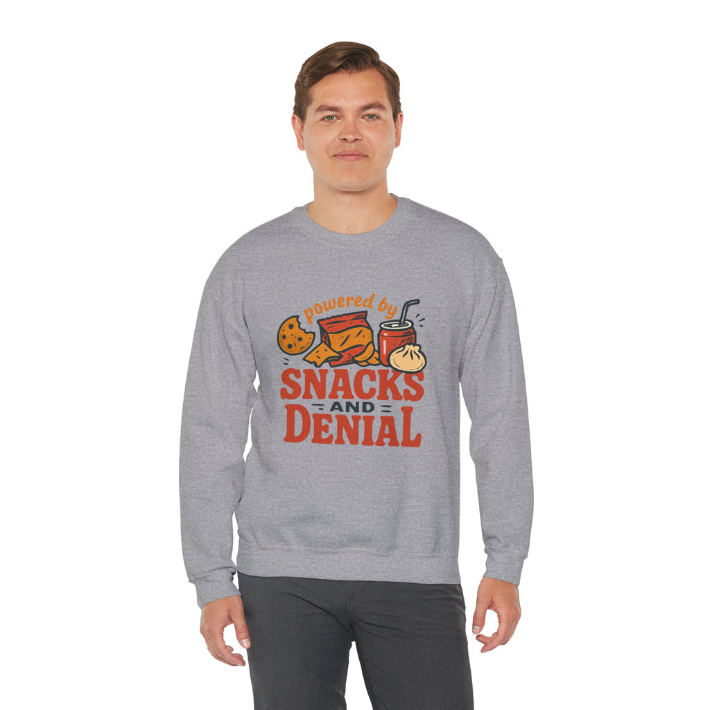 Crewneck Sweatshirt — "Powered by Snacks and Denial" Funny Snack Lover Pullover