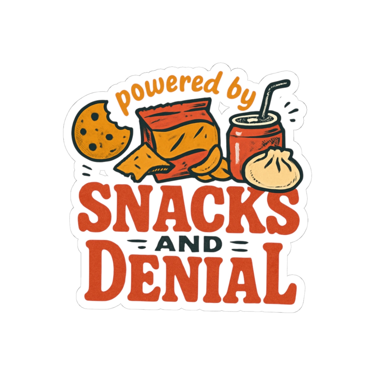 Powered by Snacks and Denial funny food laptop sticker with cookie, chips, soda, and dumpling illustrations in retro style