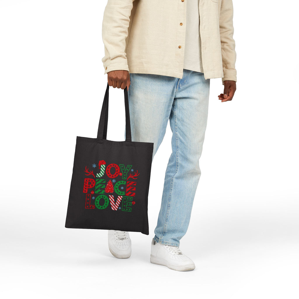 Christmas Joy, Peace & Love Tote Bag — Holiday Canvas Gift Tote