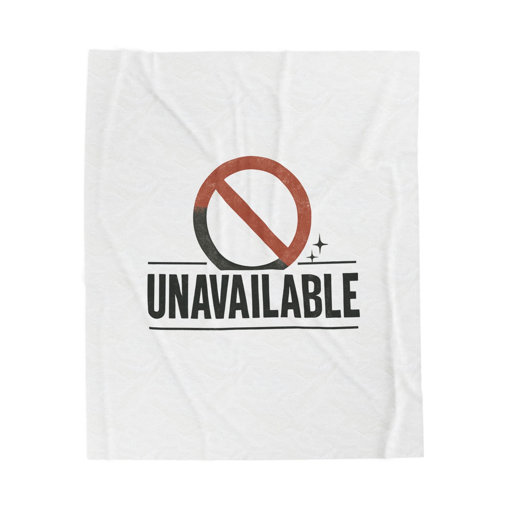Velveteen cozy throw blanket with bold "UNAVAILABLE" graphic and retro sparkle accent on white background