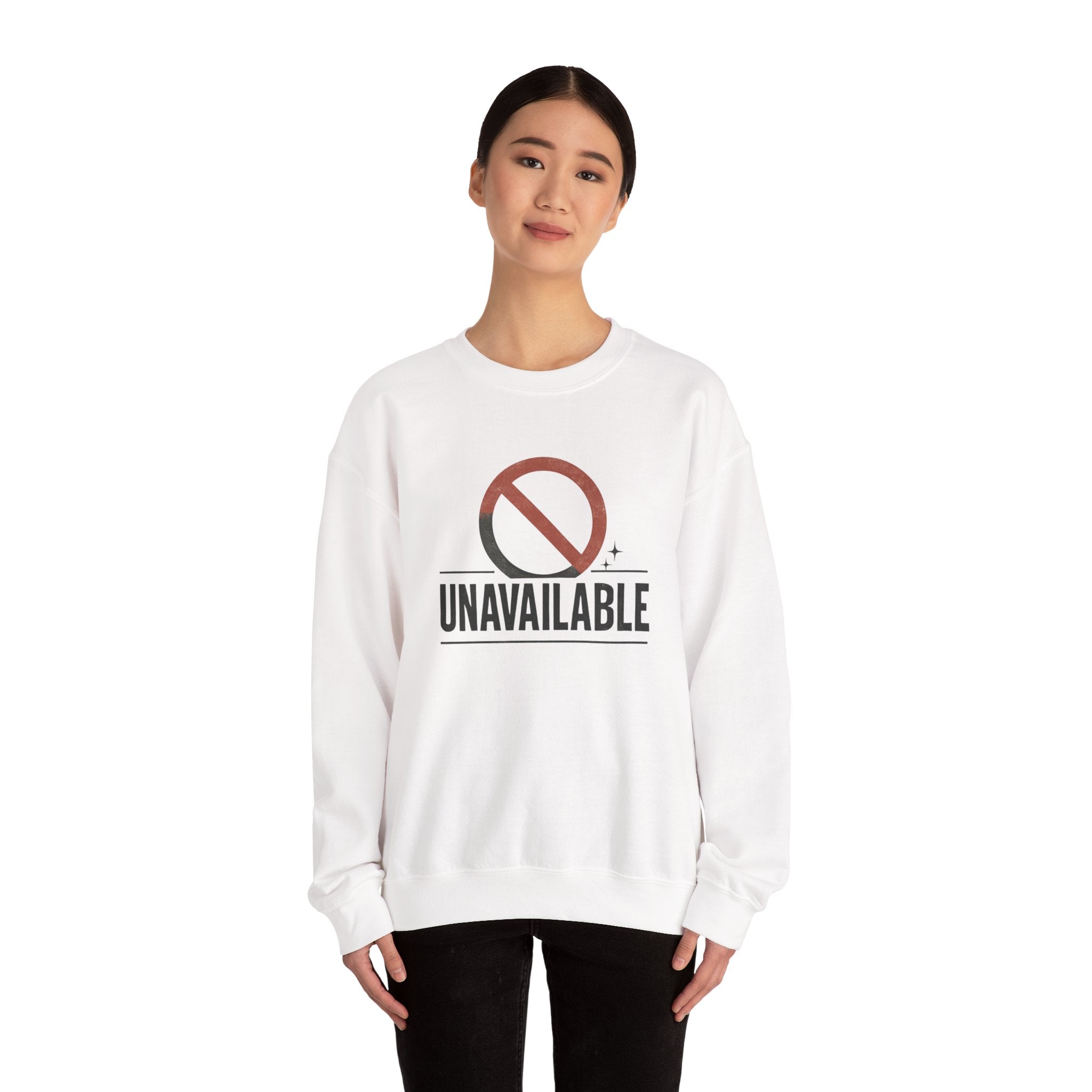 Woman wearing white crewneck sweatshirt with minimalist red prohibition symbol and "UNAVAILABLE" text on front
