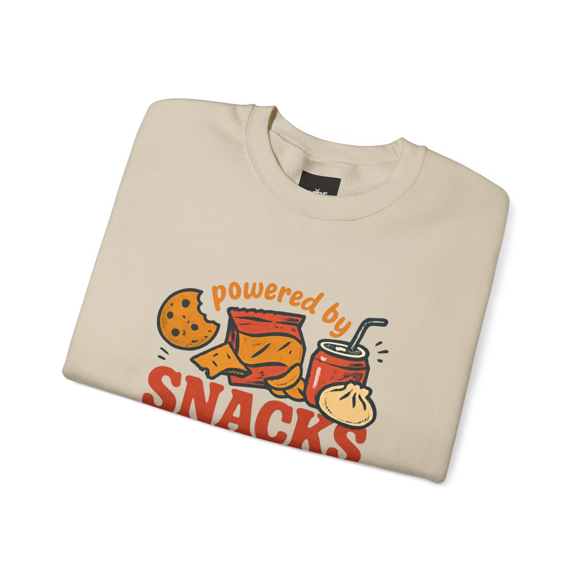 Crewneck Sweatshirt — "Powered by Snacks and Denial" Funny Snack Lover Pullover