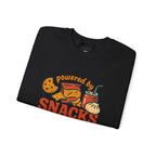 Crewneck Sweatshirt — "Powered by Snacks and Denial" Funny Snack Lover Pullover