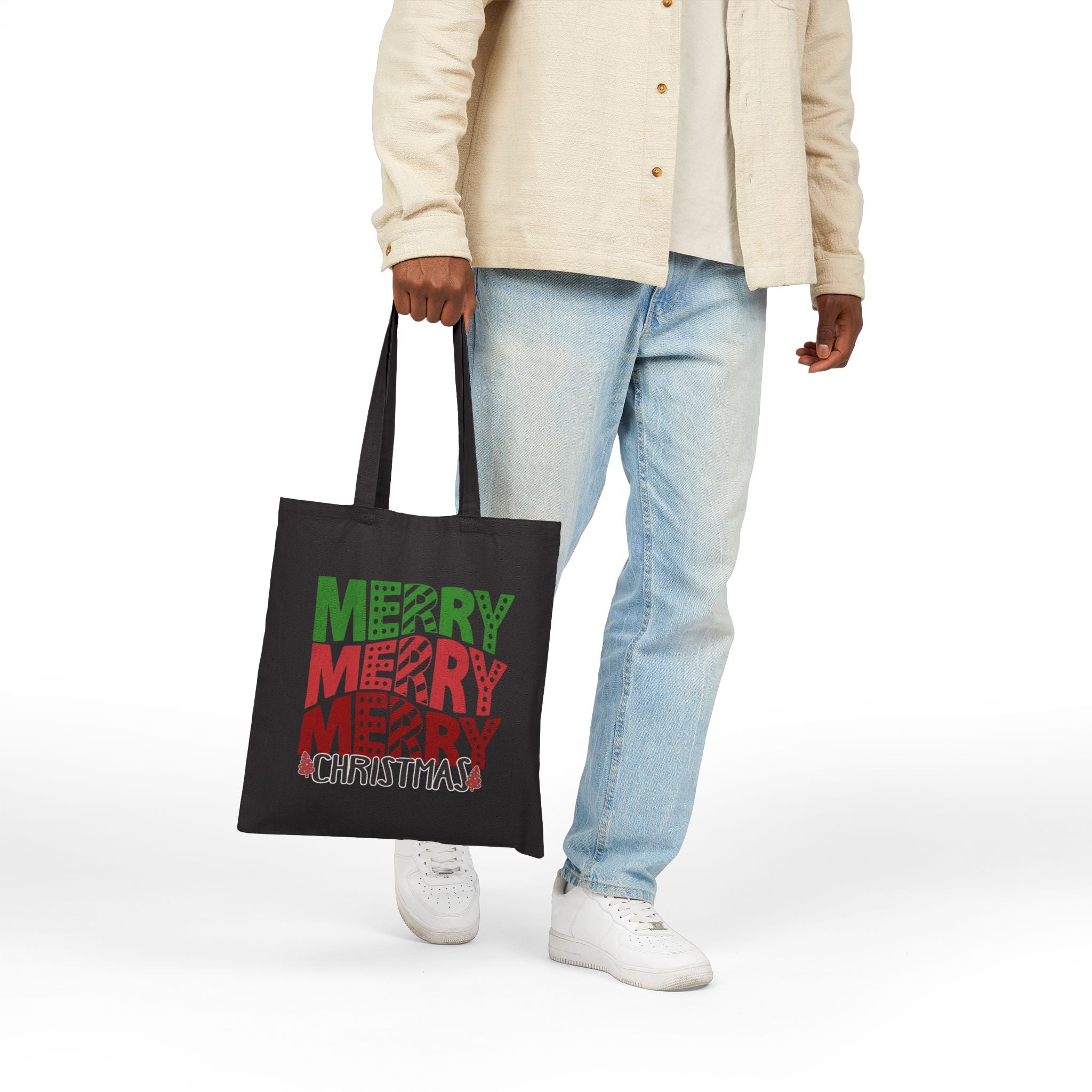 Merry Merry Merry Christmas Tote Bag — Festive Holiday Cotton Canvas Shopper