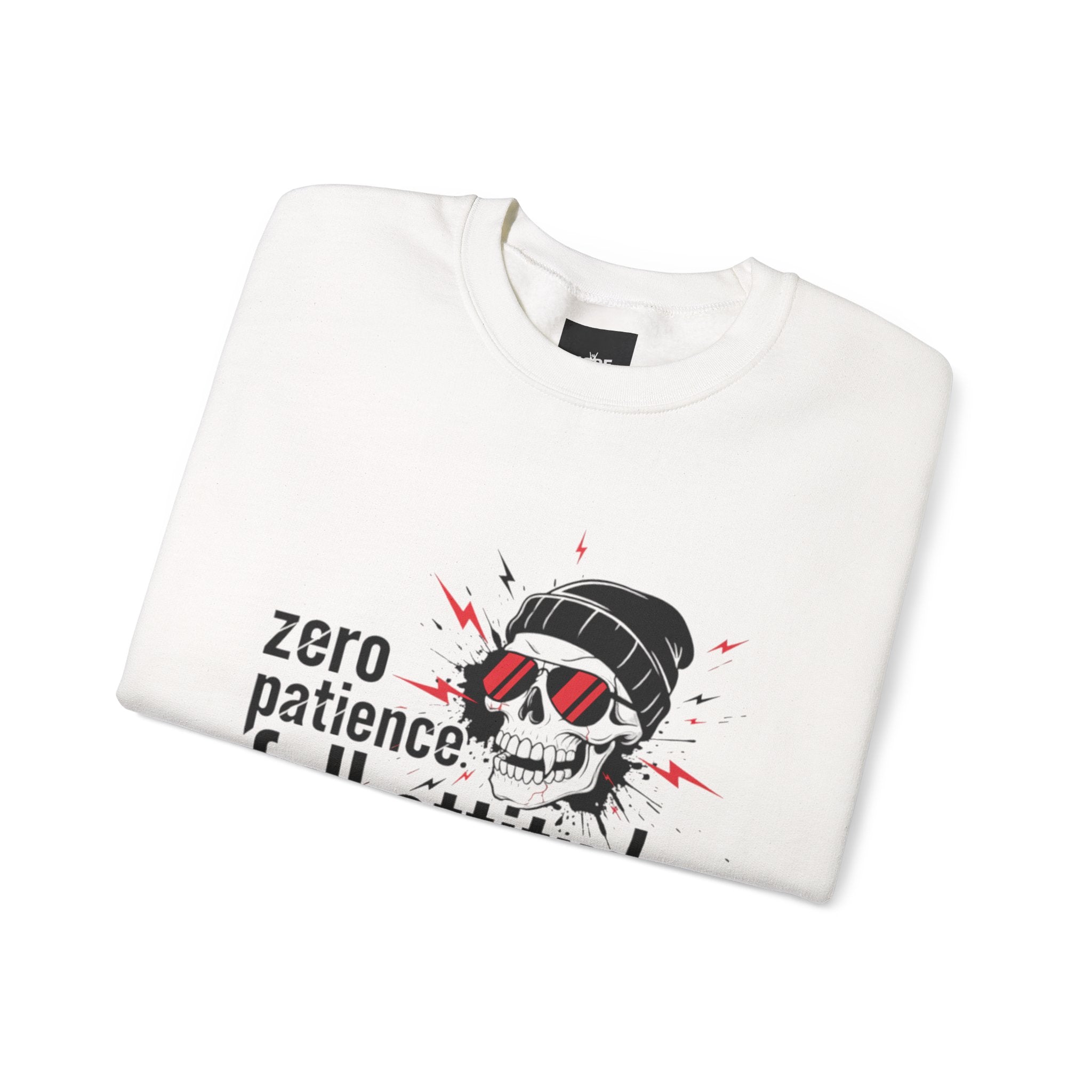 Crewneck Sweatshirt — "Zero Patience, Full Attitude" Skull Graphic