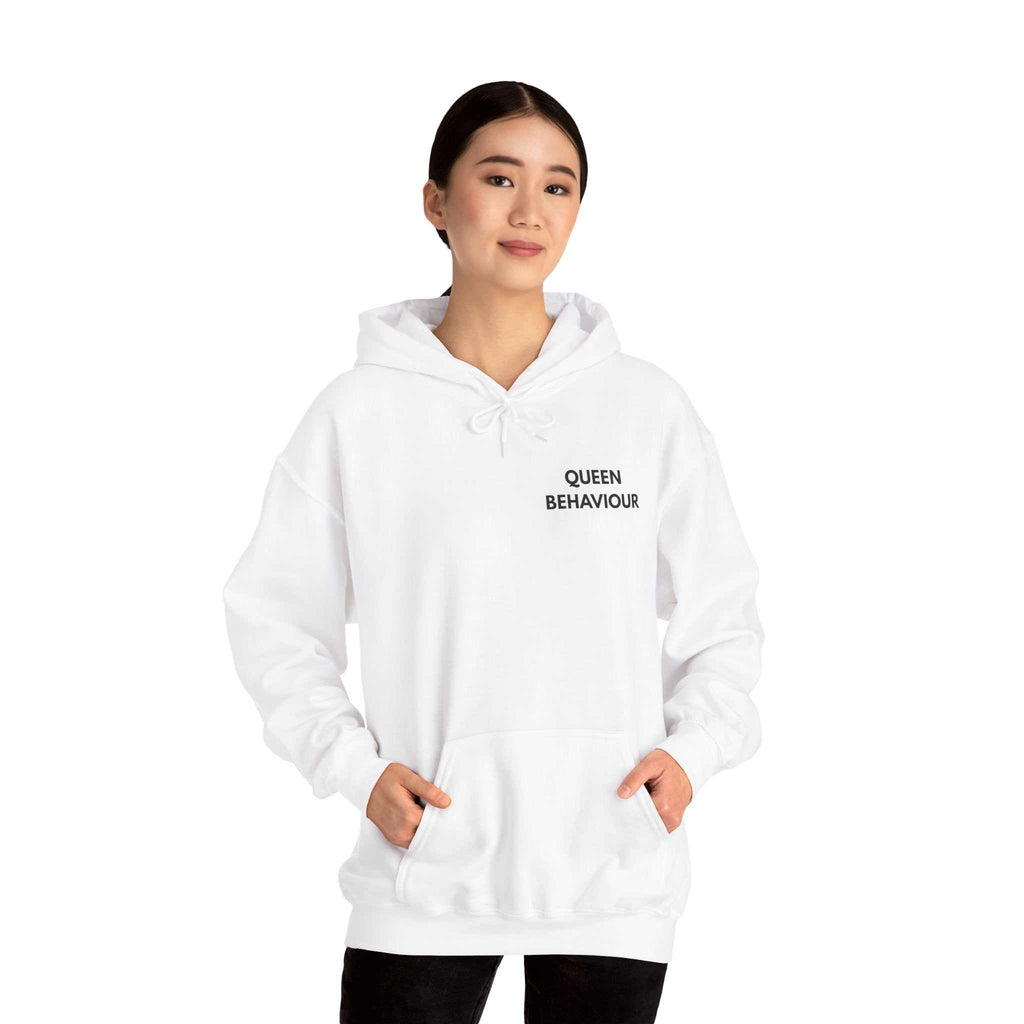custom hoodies Woman wearing white Queen Behaviour Hoodie with minimal text chest print and kangaroo pocket