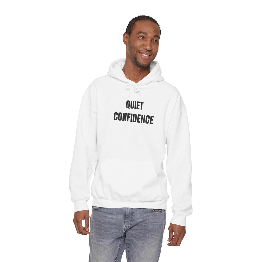 hoodies for men and women White QUIET CONFIDENCE Hoodie with kangaroo pocket and adjustable hood worn by smiling man