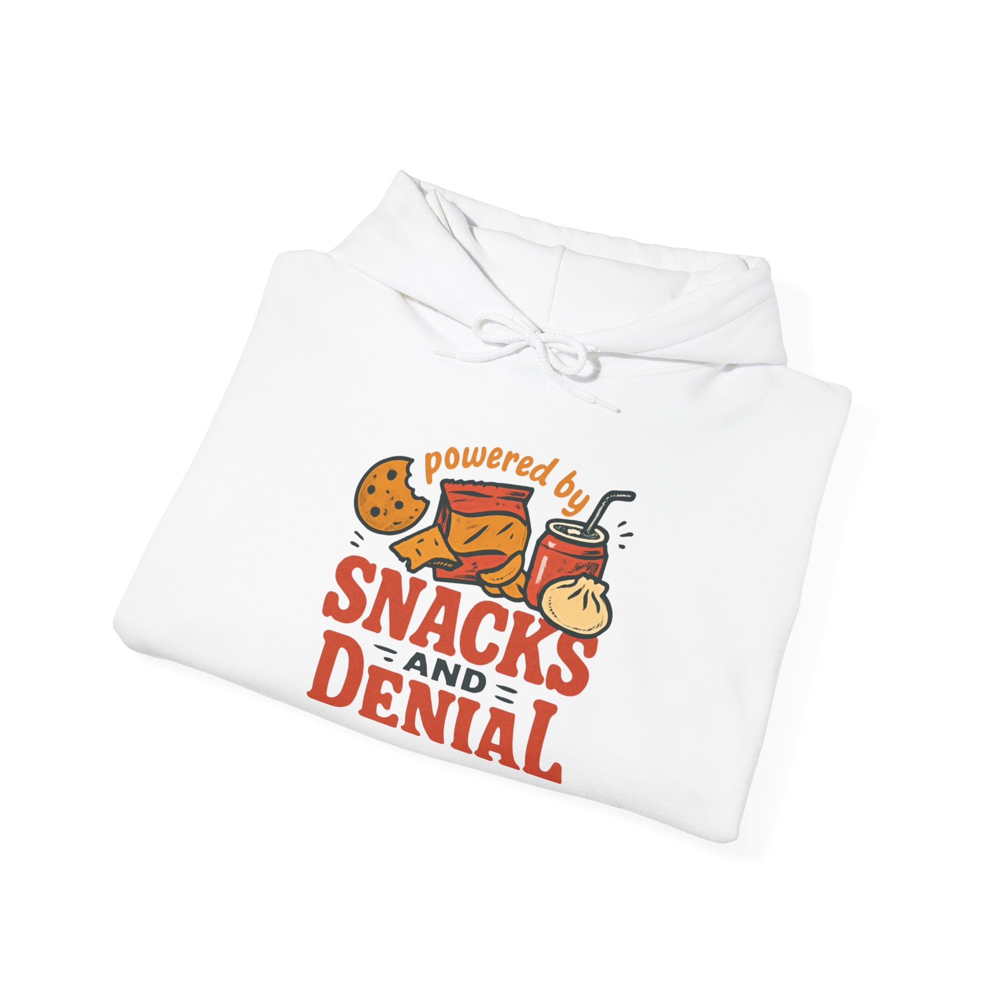 Hoodie — "Powered by Snacks and Denial" Cozy Graphic Pullover