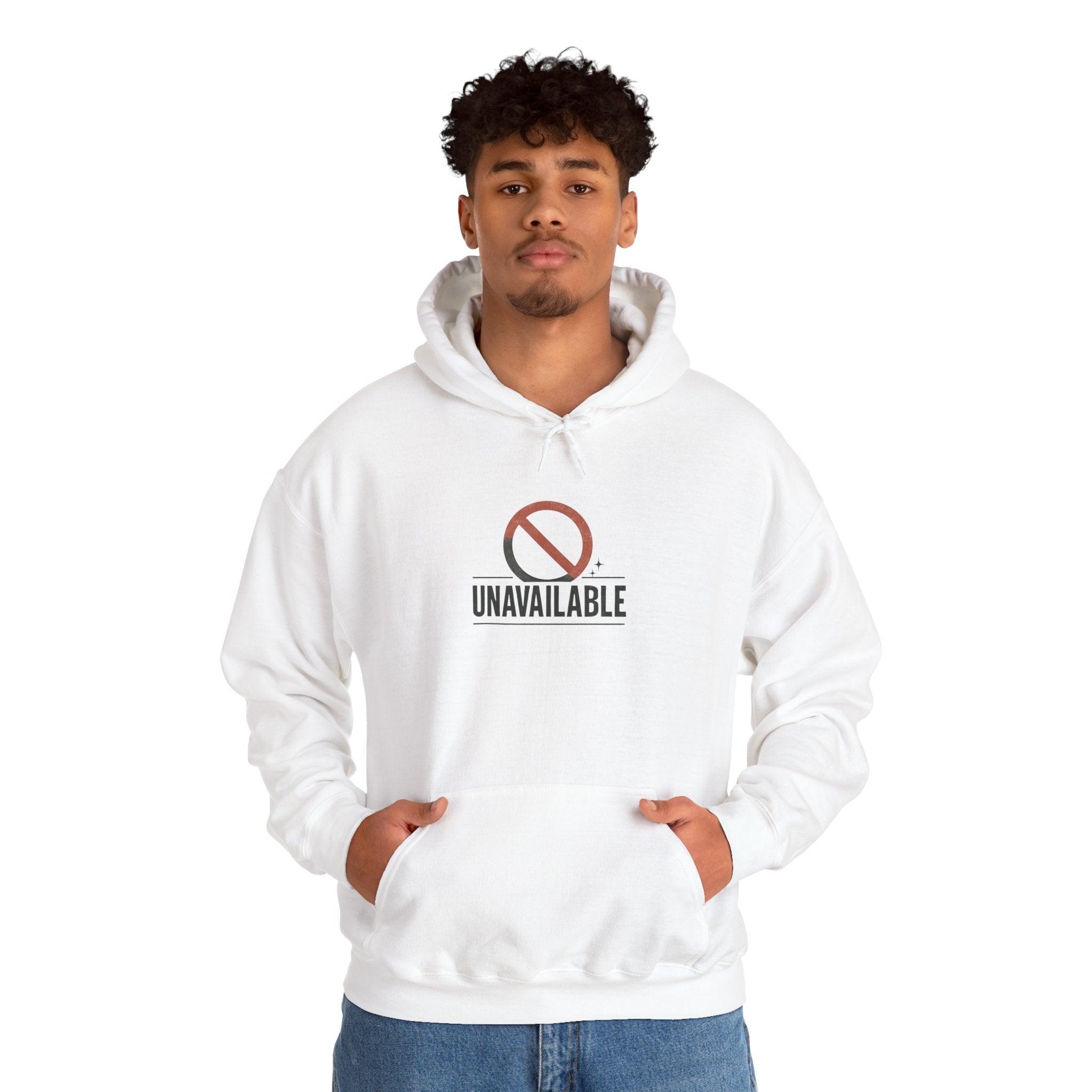 Minimalist white UNAVAILABLE symbol hoodie with kangaroo pocket and double-lined hood