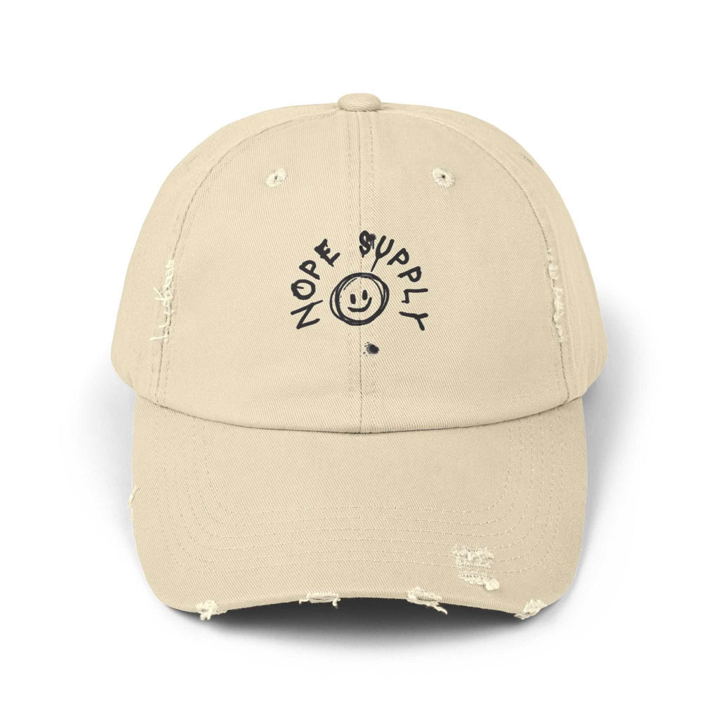 pink hat Beige NOPE SUPPLY Cap with distressed details and smiley logo embroidered on front