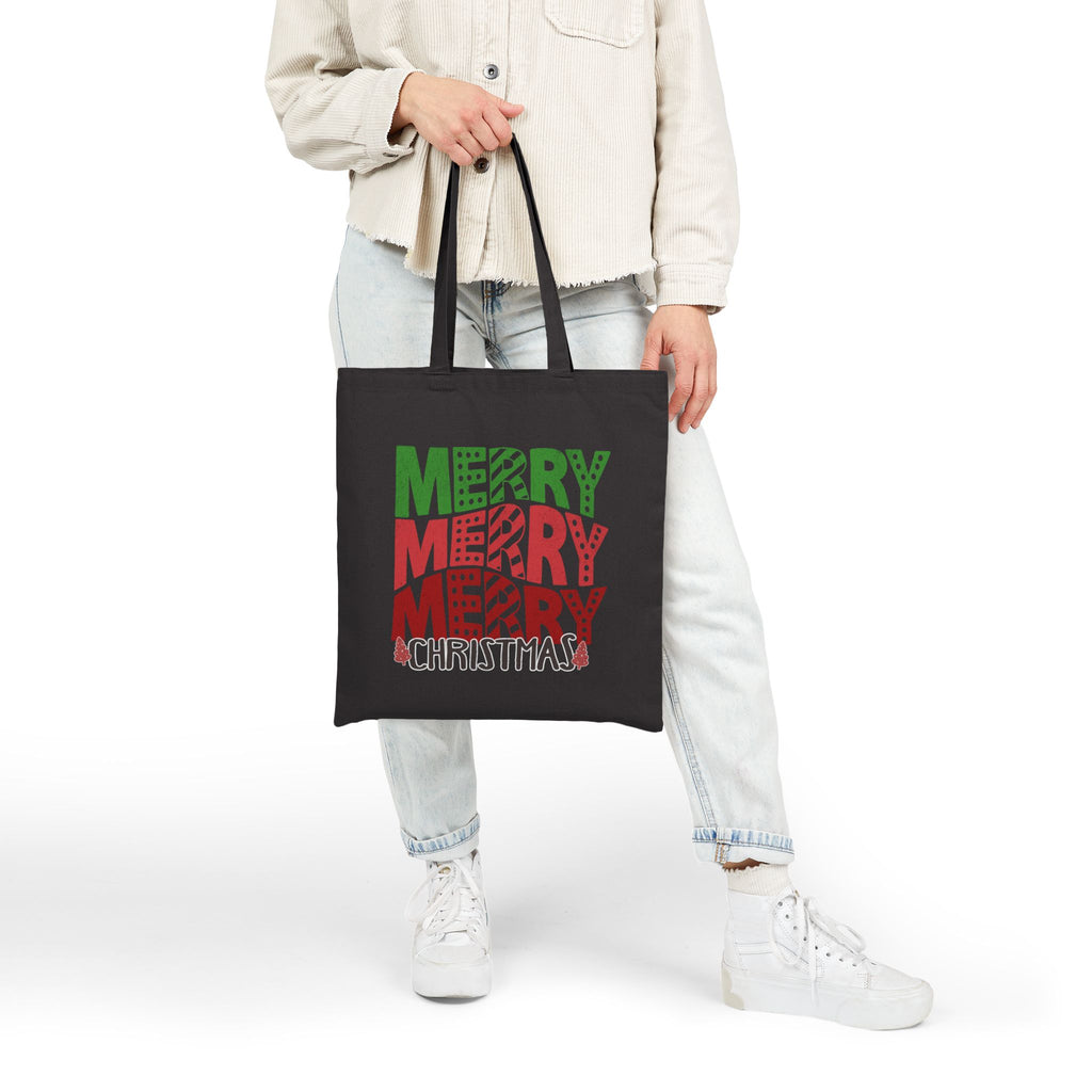 Merry Merry Merry Christmas Tote Bag — Festive Holiday Cotton Canvas Shopper