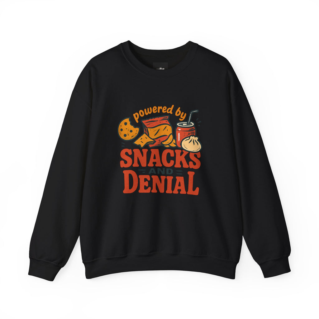 Crewneck Sweatshirt — "Powered by Snacks and Denial" Funny Snack Lover Pullover