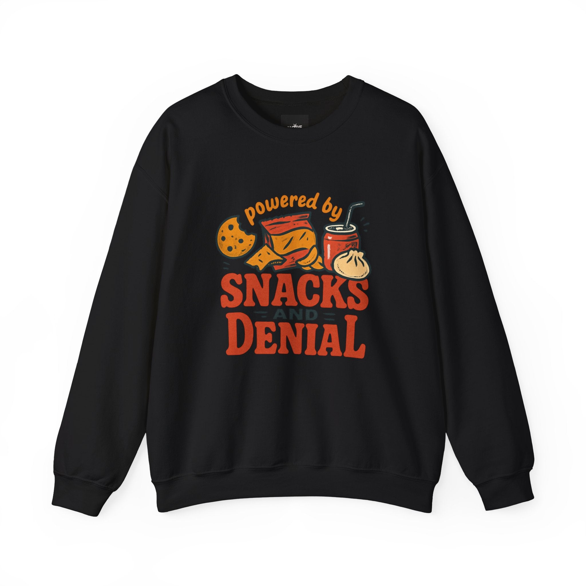 Crewneck Sweatshirt — "Powered by Snacks and Denial" Funny Snack Lover Pullover