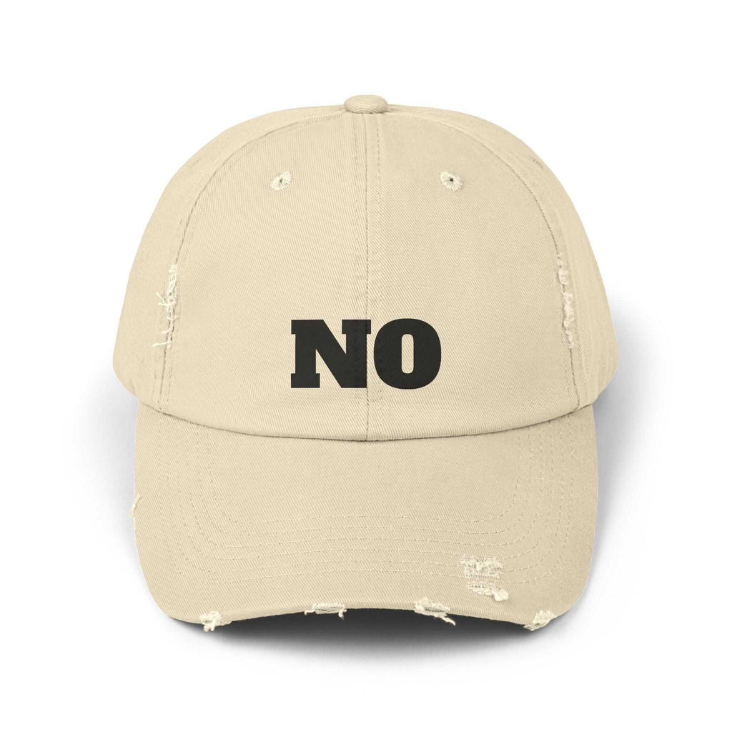  pink hat Beige vintage mood cap with distressed edges and bold black "NO" lettering