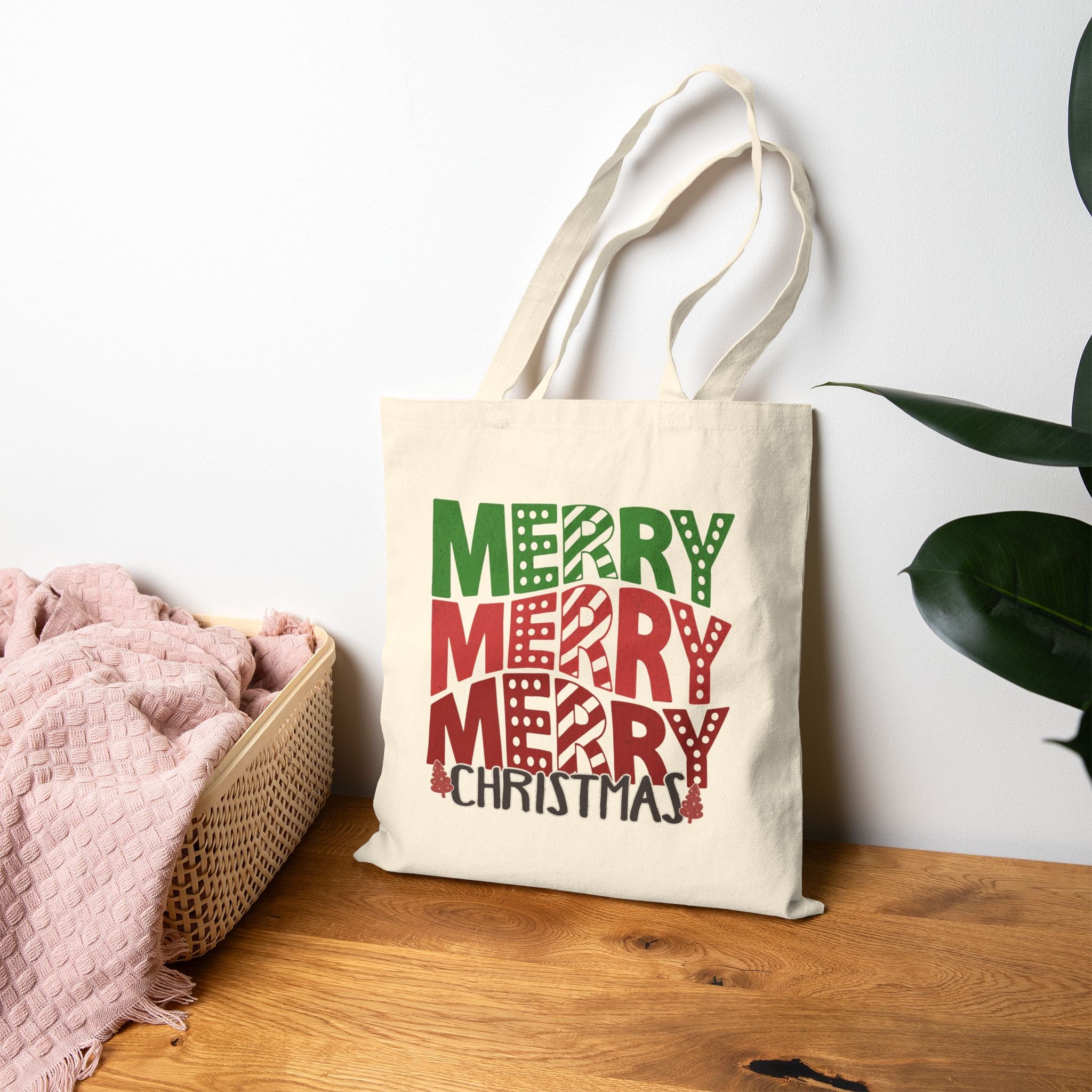 Merry Merry Merry Christmas Tote Bag — Festive Holiday Cotton Canvas Shopper