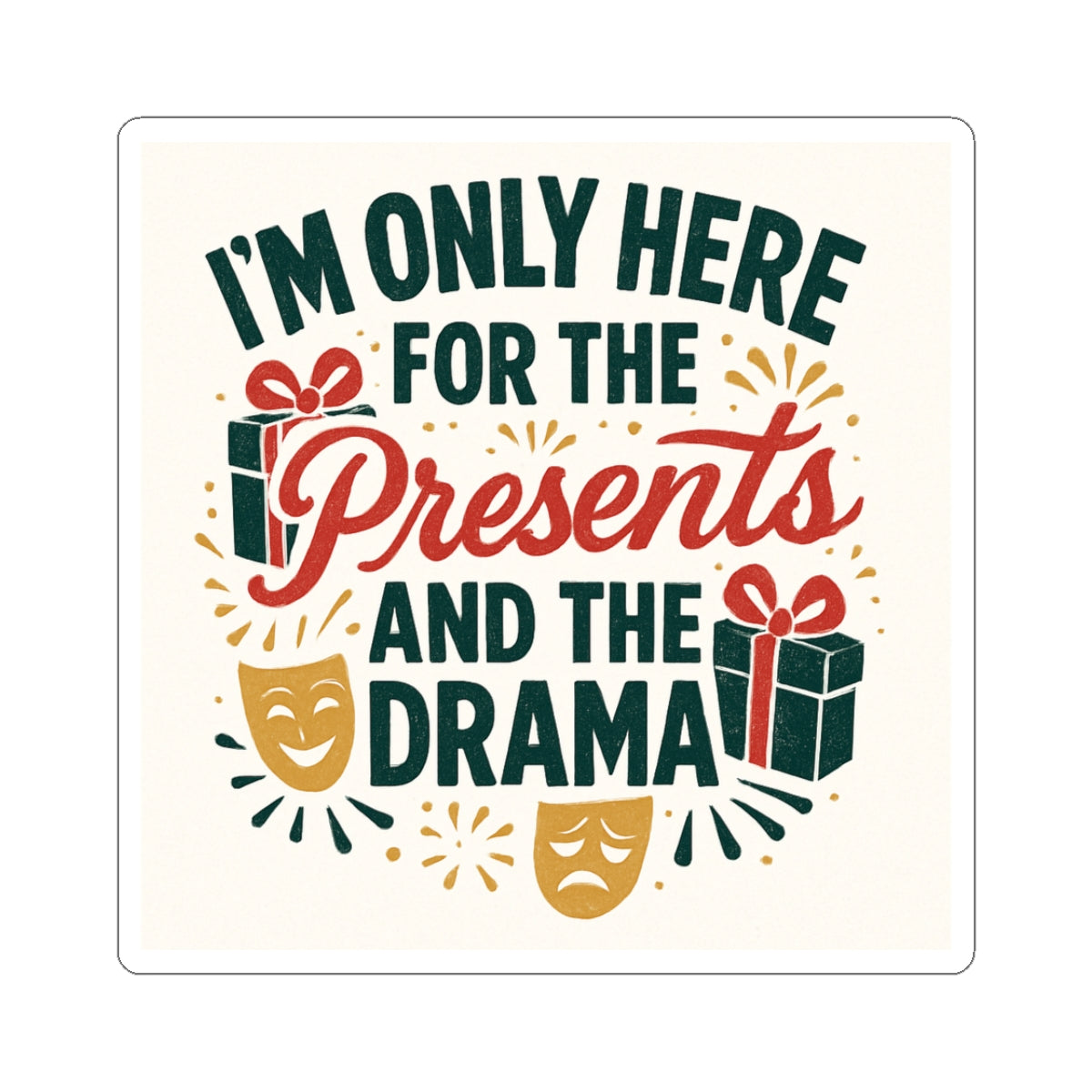 Holiday gift sticker with festive typography, gift icons, and theater masks in red and green colors