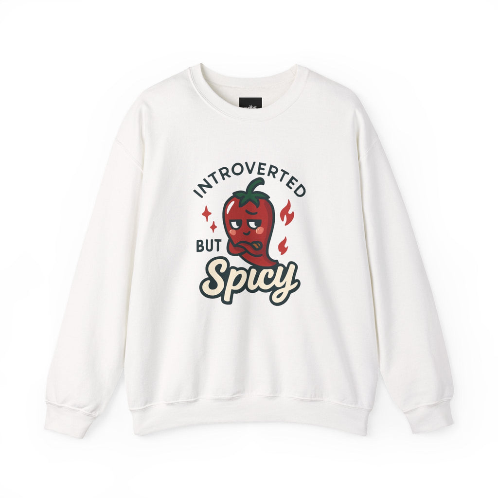 White crewneck sweatshirt with "Introverted but Spicy" chili pepper graphic design