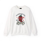 White crewneck sweatshirt with "Introverted but Spicy" chili pepper graphic design