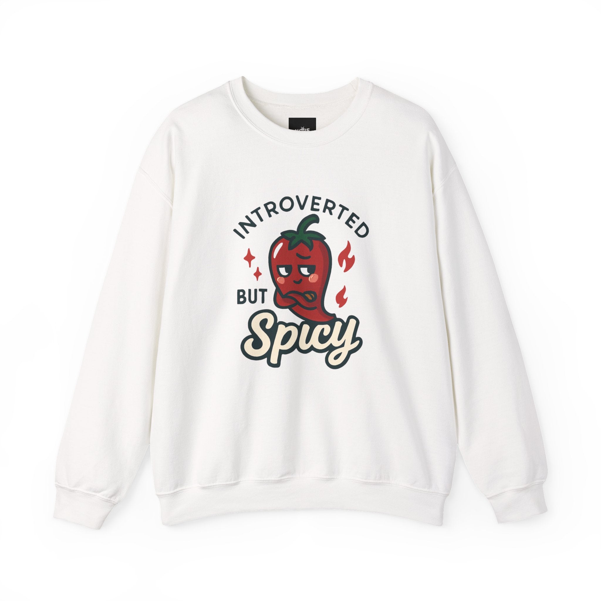 White crewneck sweatshirt with "Introverted but Spicy" chili pepper graphic design