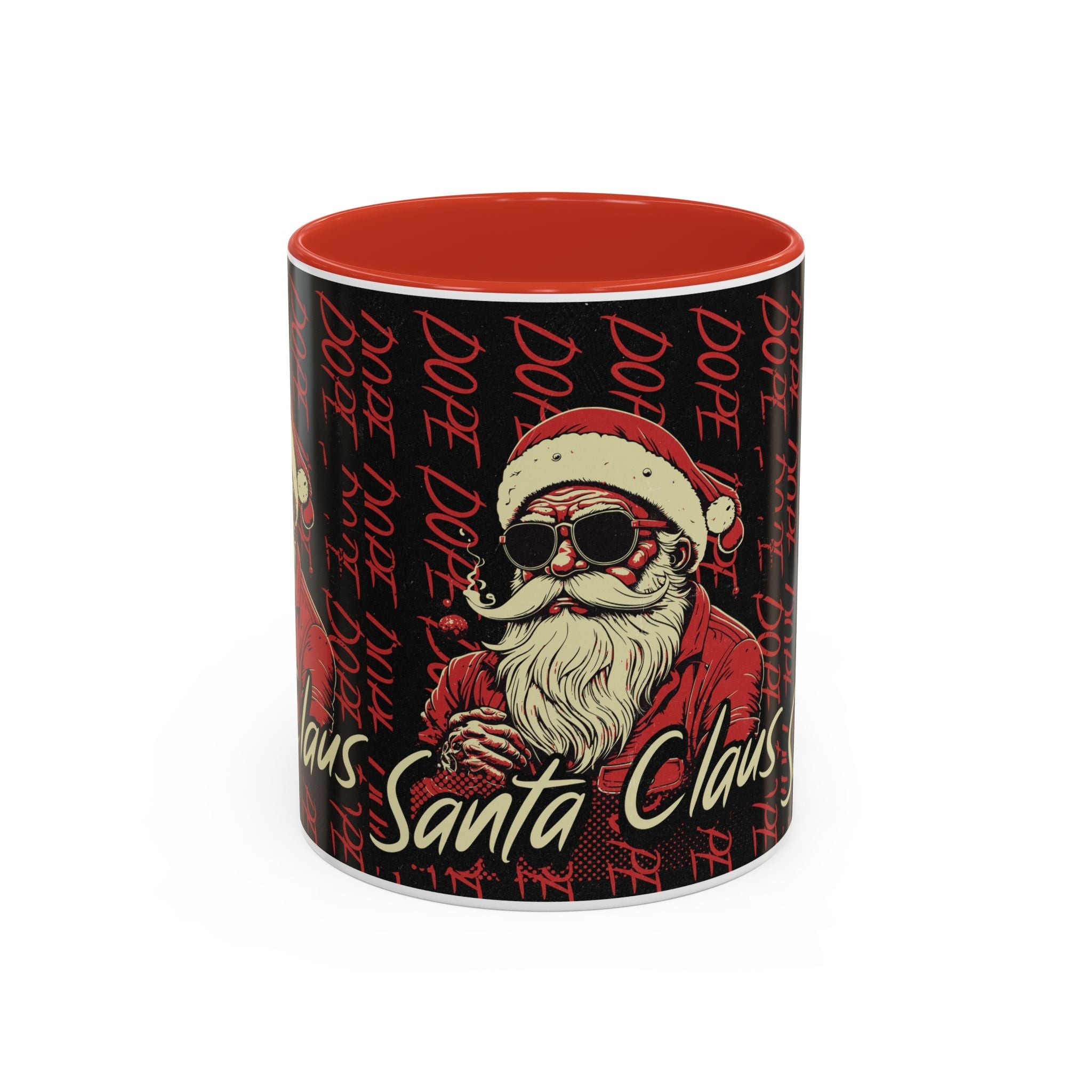 Santa Claus Dope Coffee Mug with retro sunglasses-wearing Santa design on black and red ceramic mug