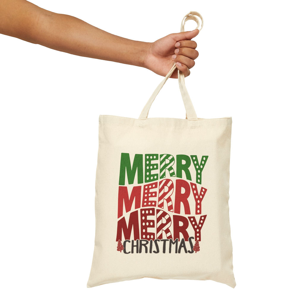 Merry Merry Merry Christmas Tote Bag cotton canvas shopper with festive green and red print and reinforced handles