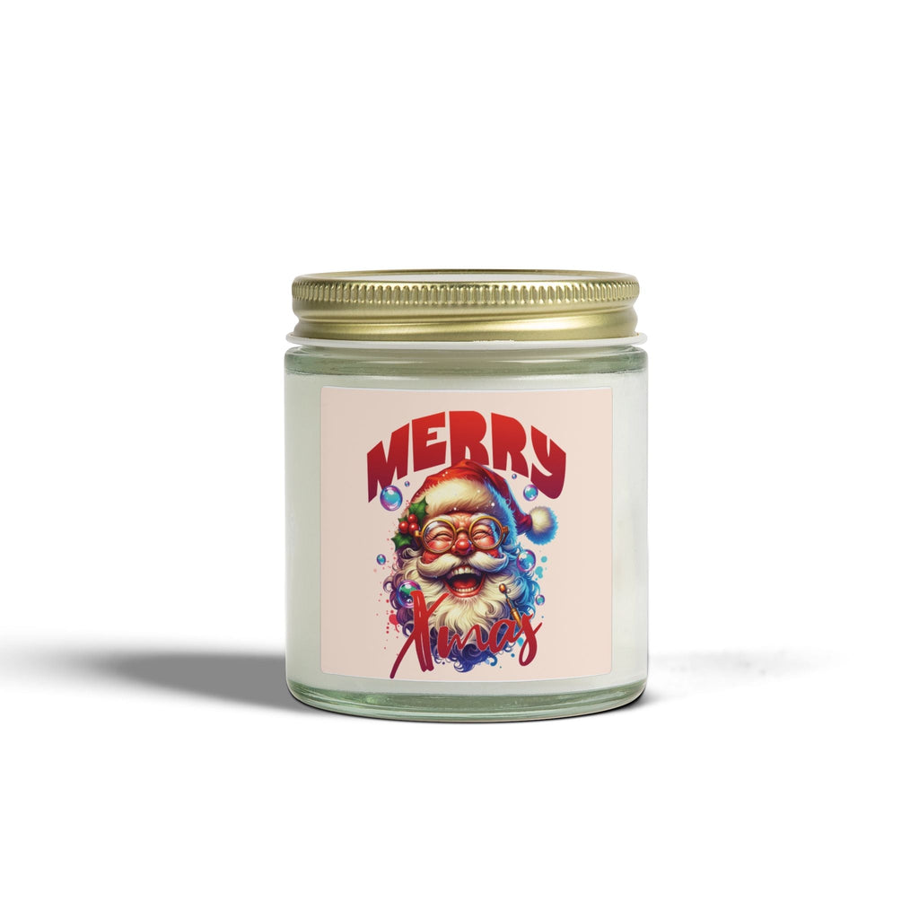 Christmas Santa Candle in glass jar with gold lid featuring festive Santa design and "Merry Xmas" text