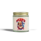 Christmas Santa Candle in glass jar with gold lid featuring festive Santa design and "Merry Xmas" text