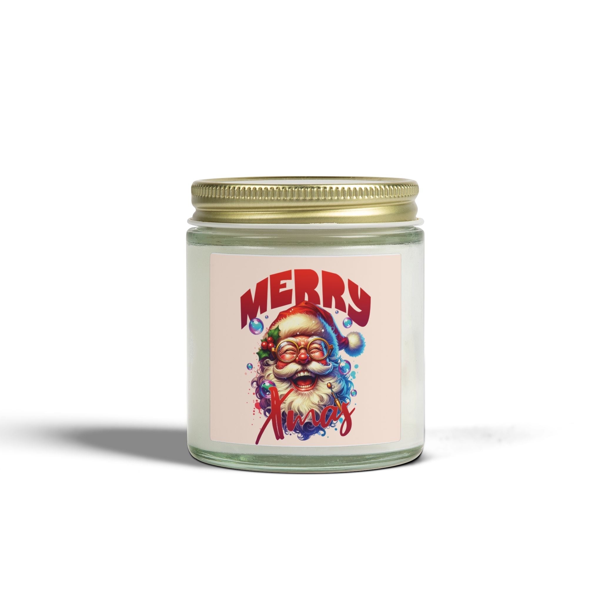 Christmas Santa Candle in glass jar with gold lid featuring festive Santa design and "Merry Xmas" text