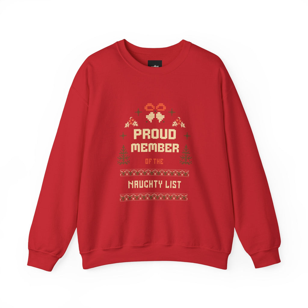 Red Naughty List Crewneck Sweatshirt with "Proud Member of the Naughty List" holiday knit-style graphic on the chest