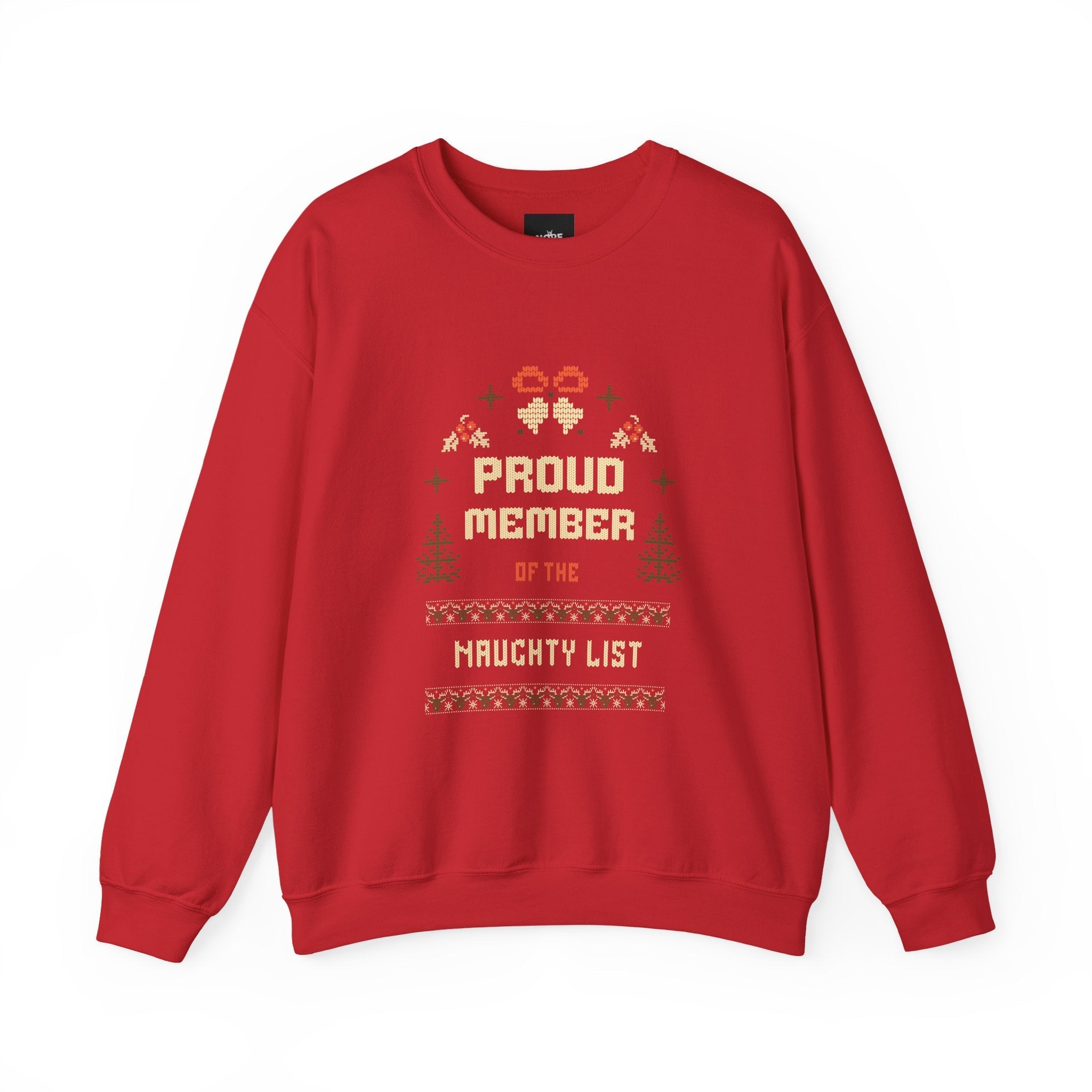 Red Naughty List Crewneck Sweatshirt with "Proud Member of the Naughty List" holiday knit-style graphic on the chest