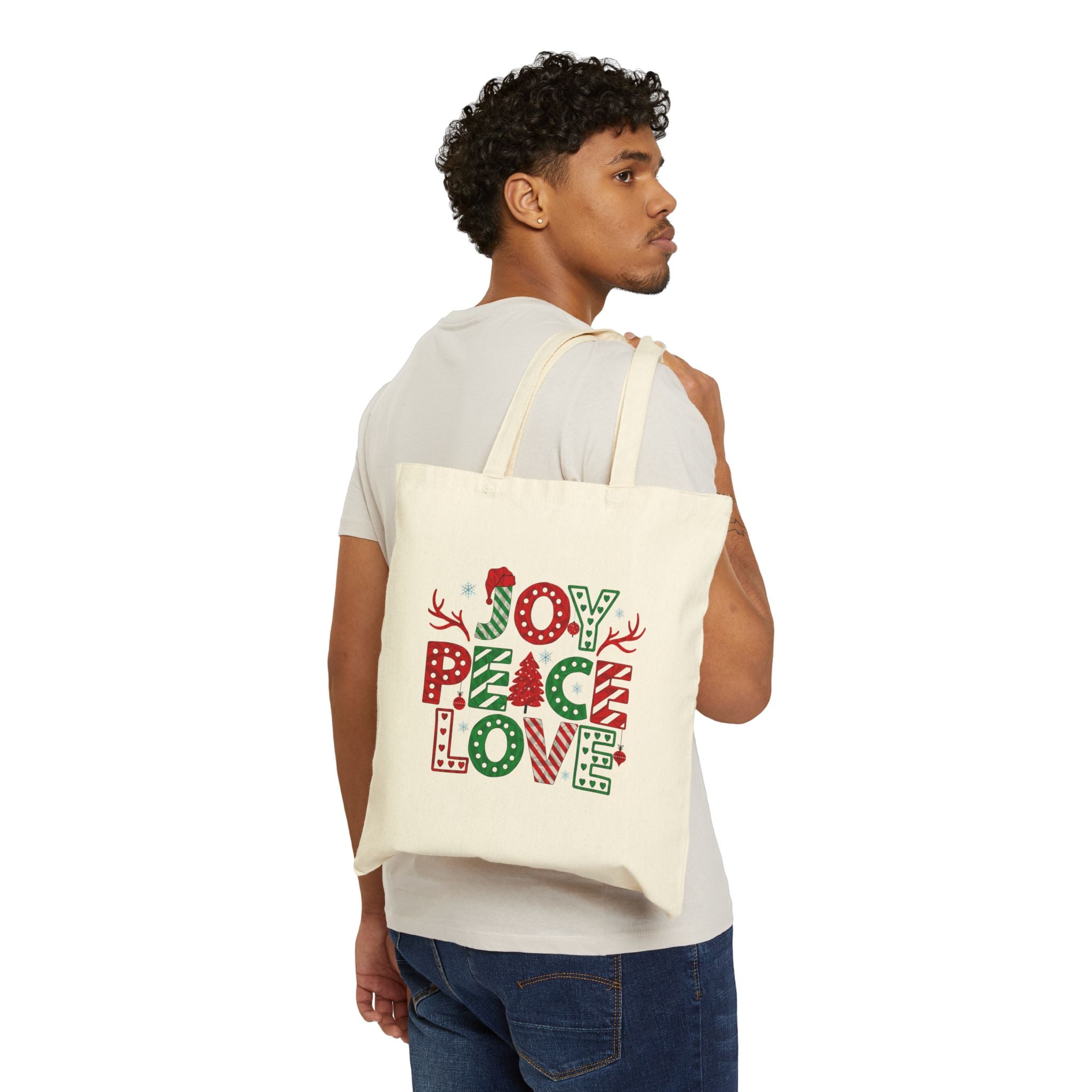 Christmas Joy, Peace & Love Tote Bag — Holiday Canvas Gift Tote