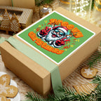 Groovy Christmas Sticker with retro Santa wearing sunglasses and peace sign on green background