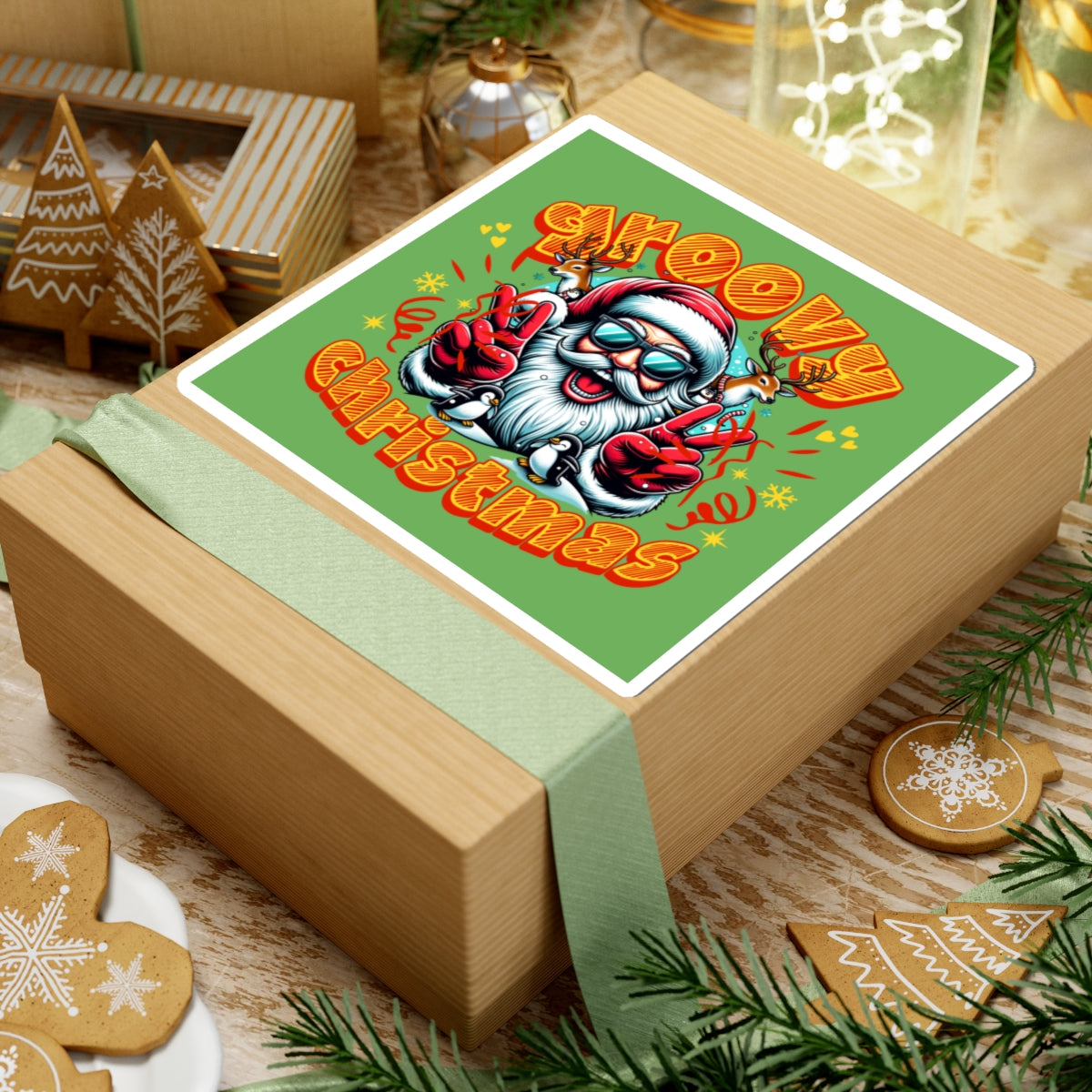 Groovy Christmas Sticker with retro Santa wearing sunglasses and peace sign on green background