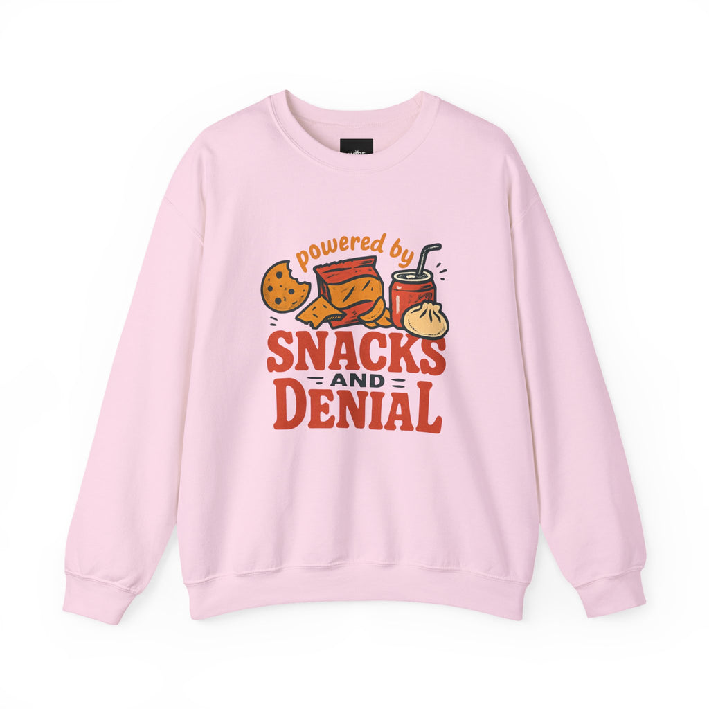 Crewneck Sweatshirt — "Powered by Snacks and Denial" Funny Snack Lover Pullover