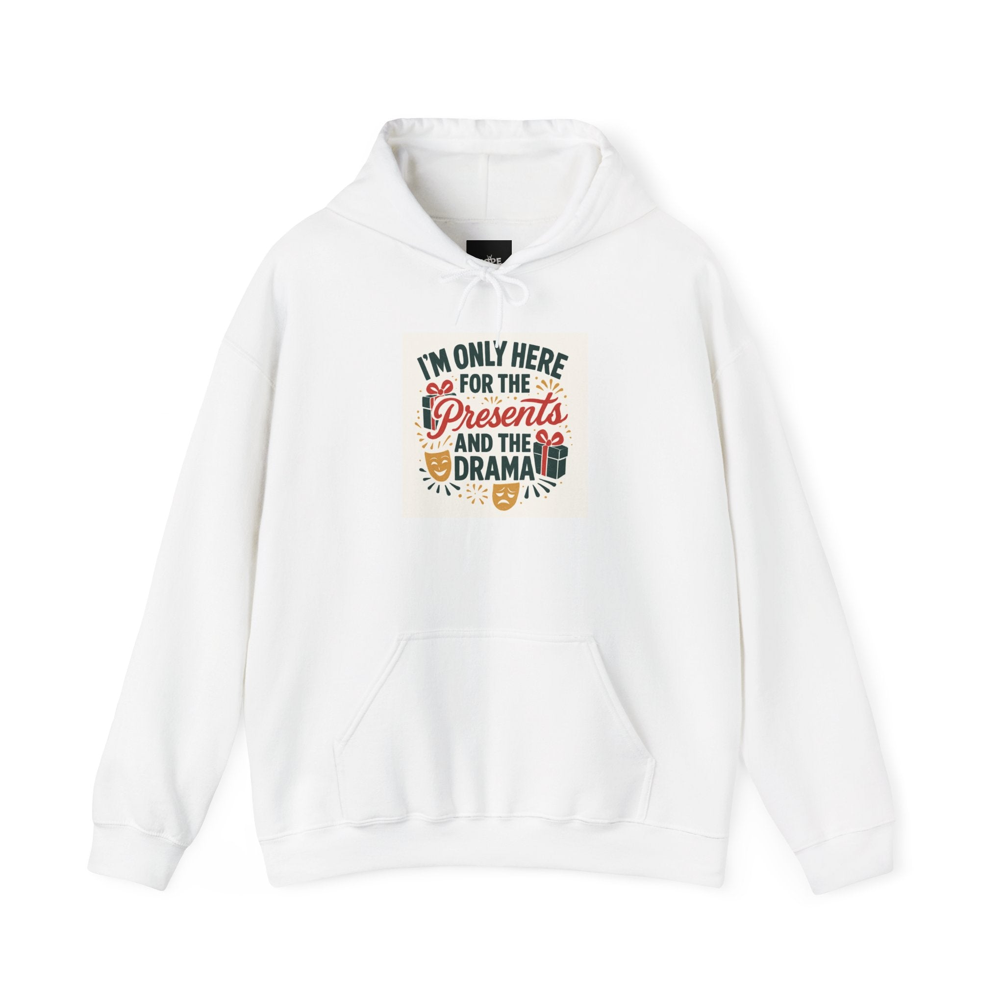 White holiday hoodie with "I'm Only Here for the Presents and the Drama" colorful chest print, soft fabric, and kangaroo pocket