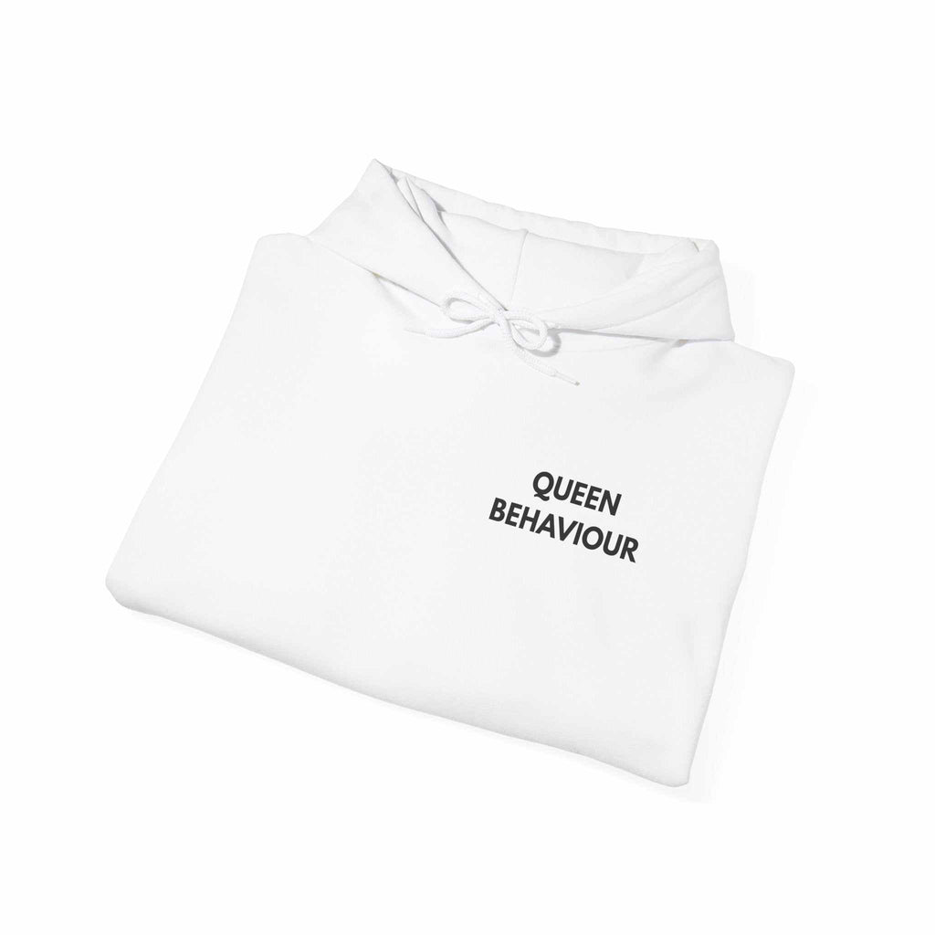 custom hoodies Woman wearing white Queen Behaviour Hoodie with minimal text chest print and kangaroo pocket