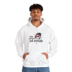White hoodie with bold "Zero Patience Full Attitude" skull graphic, worn by male model