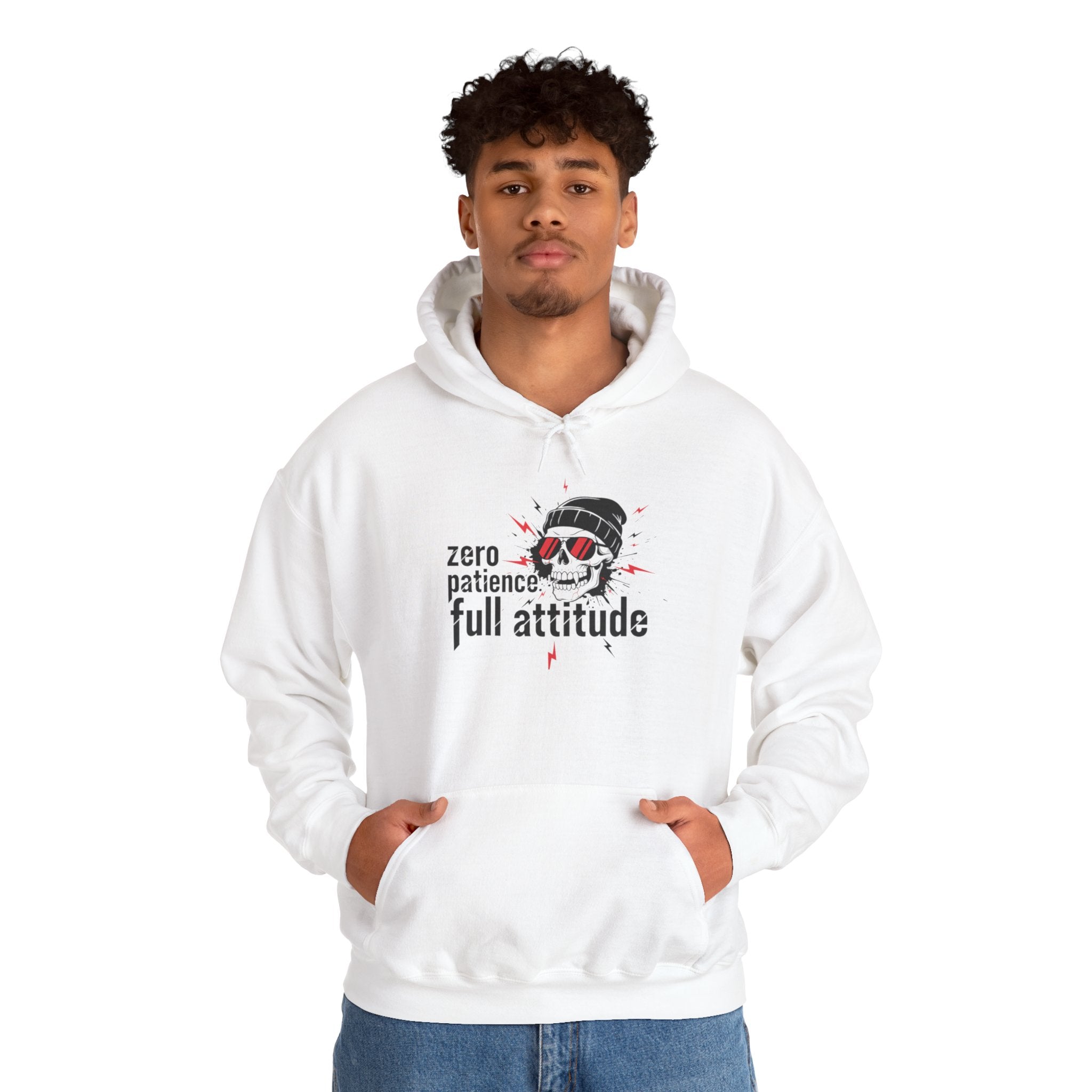 White hoodie with bold "Zero Patience Full Attitude" skull graphic, worn by male model