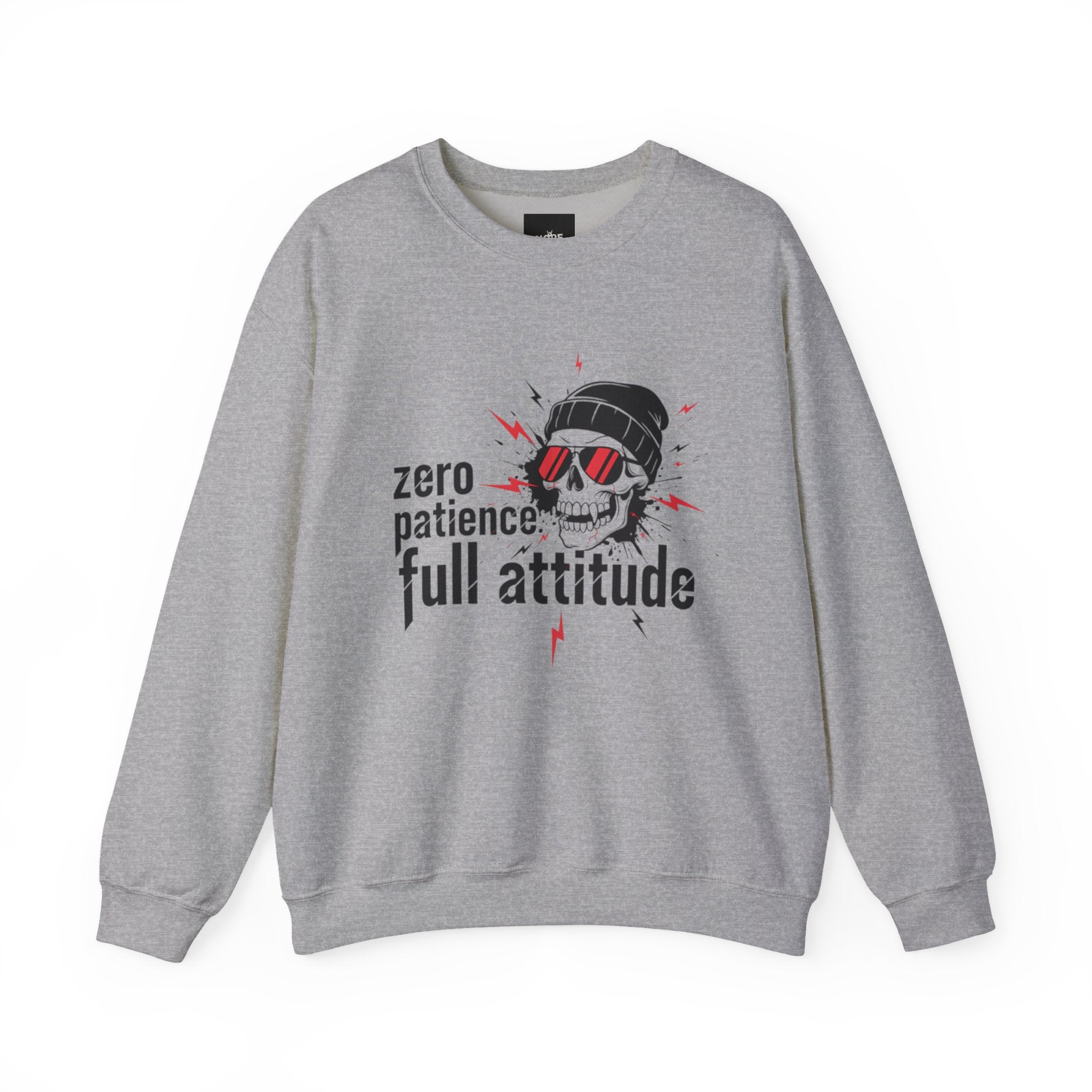Crewneck Sweatshirt — "Zero Patience, Full Attitude" Skull Graphic