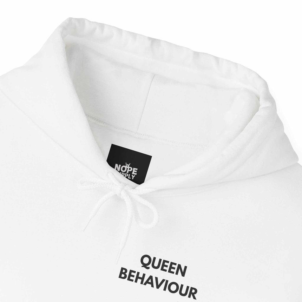 custom hoodies Woman wearing white Queen Behaviour Hoodie with minimal text chest print and kangaroo pocket