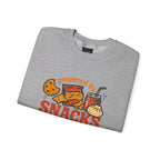 Crewneck Sweatshirt — "Powered by Snacks and Denial" Funny Snack Lover Pullover