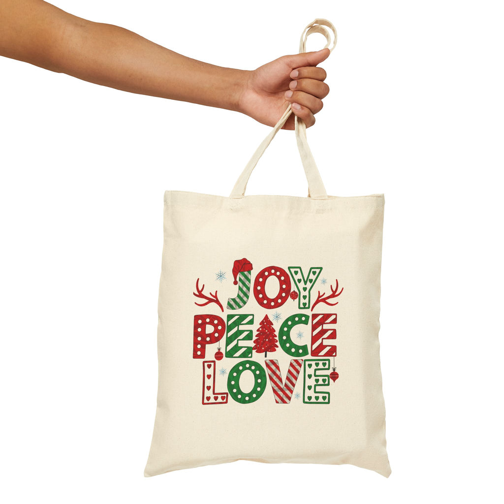 Christmas Joy, Peace & Love Tote Bag — Holiday Canvas Gift Tote