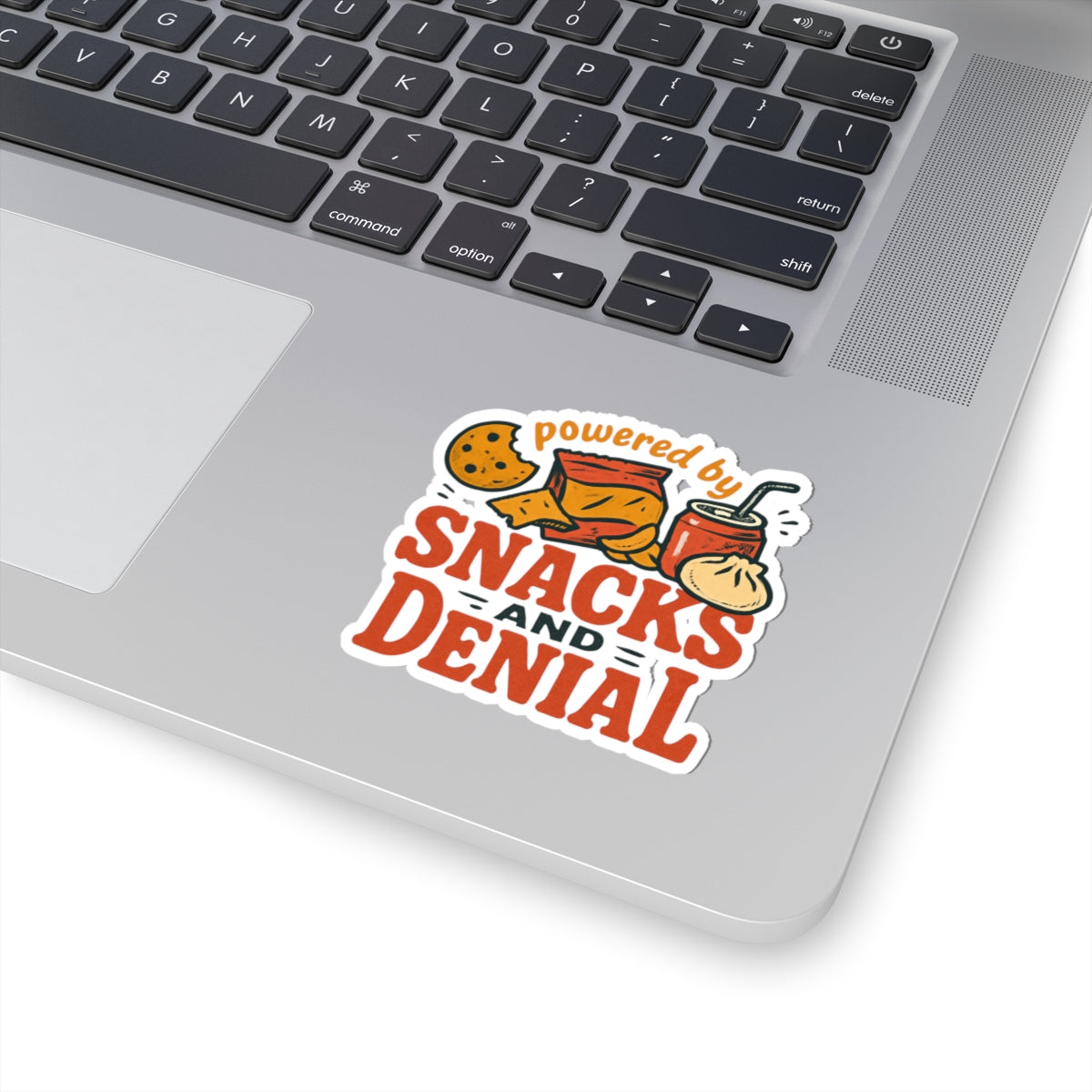 Sticker — “Powered by Snacks and Denial” Funny Food Laptop Sticker