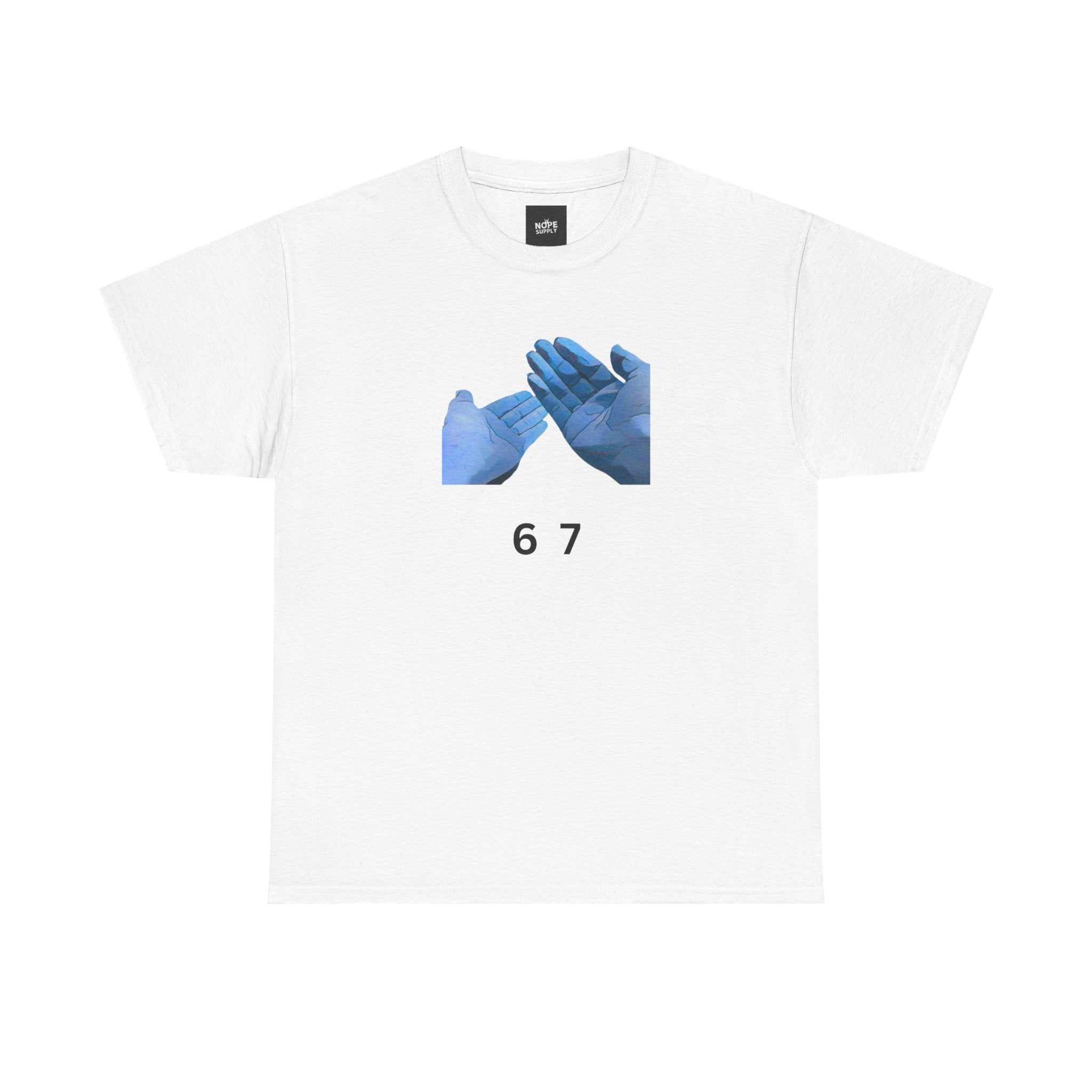  meme shirts White 6 7 Tee with blue hand graphic and number print, 100% cotton medium-weight fabric, ribbed collar, no side seams