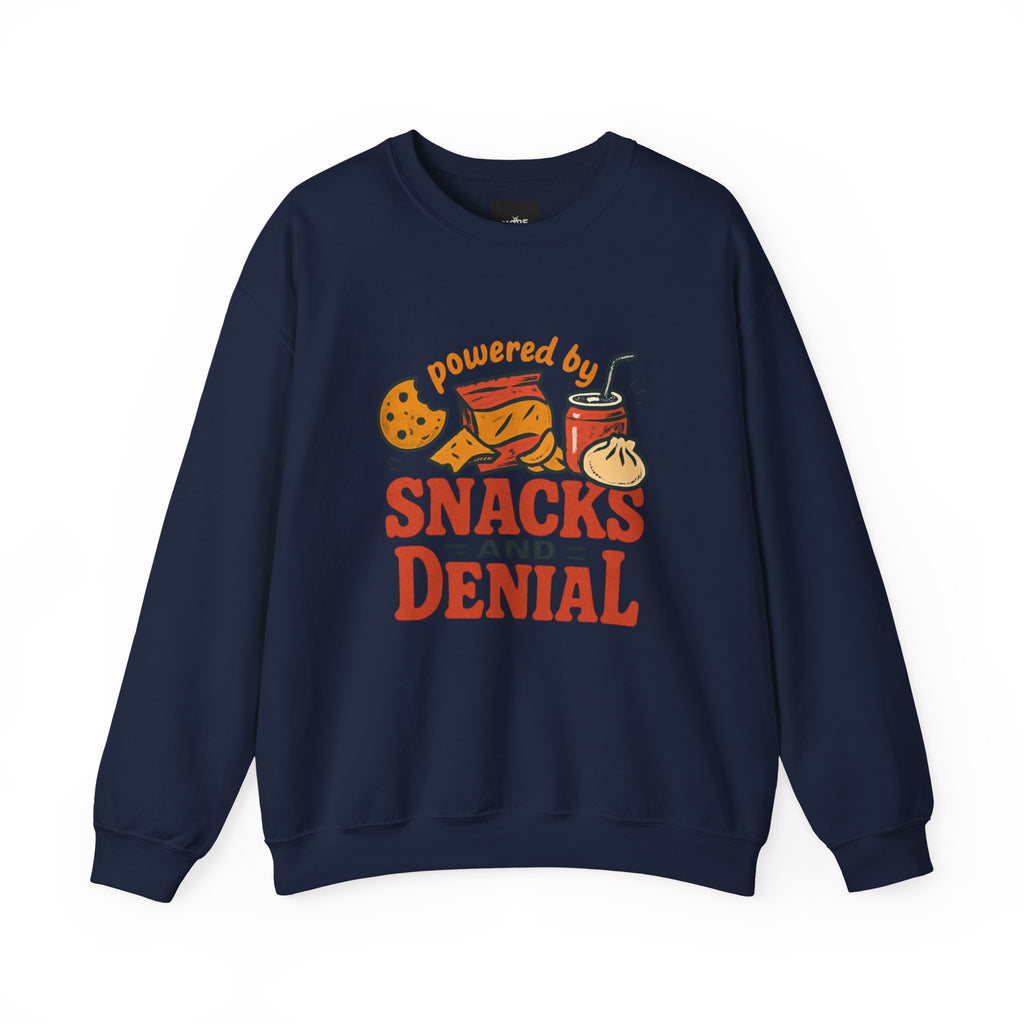 Crewneck Sweatshirt — "Powered by Snacks and Denial" Funny Snack Lover Pullover