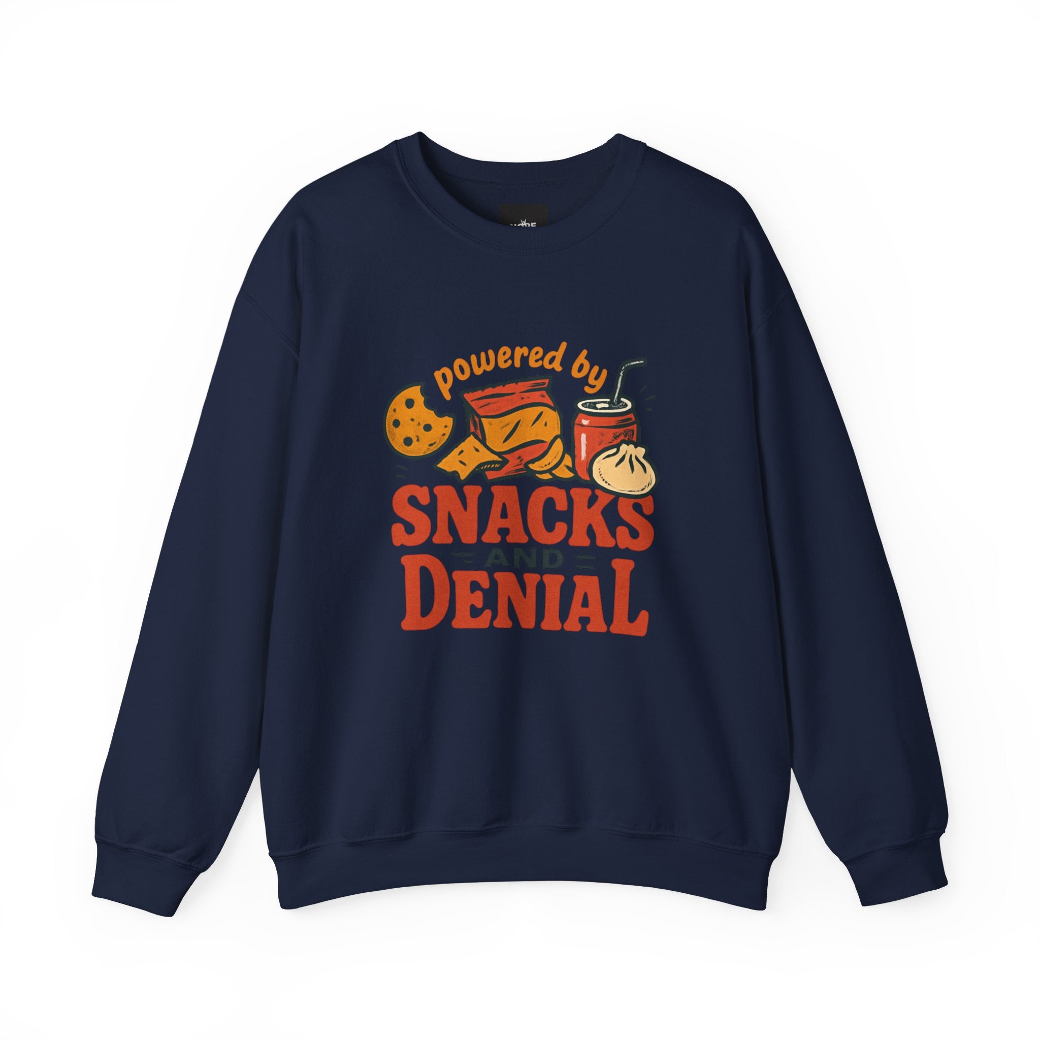 Crewneck Sweatshirt — "Powered by Snacks and Denial" Funny Snack Lover Pullover