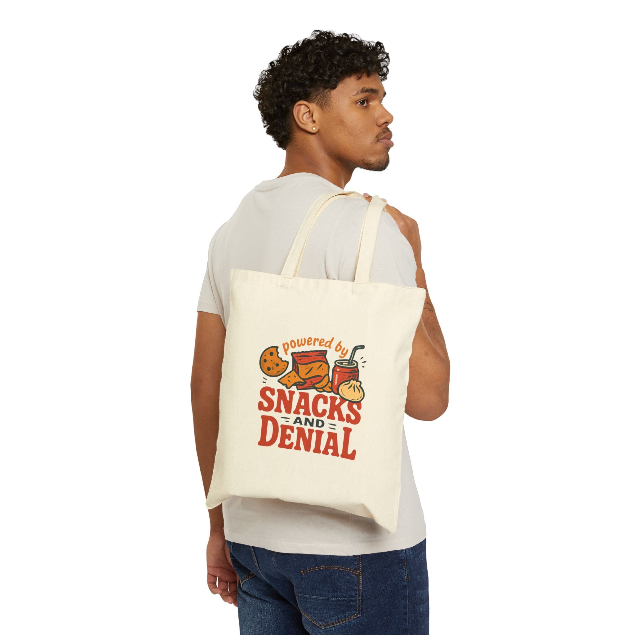 Tote Bag — "Powered by Snacks and Denial" Canvas Grocery Tote