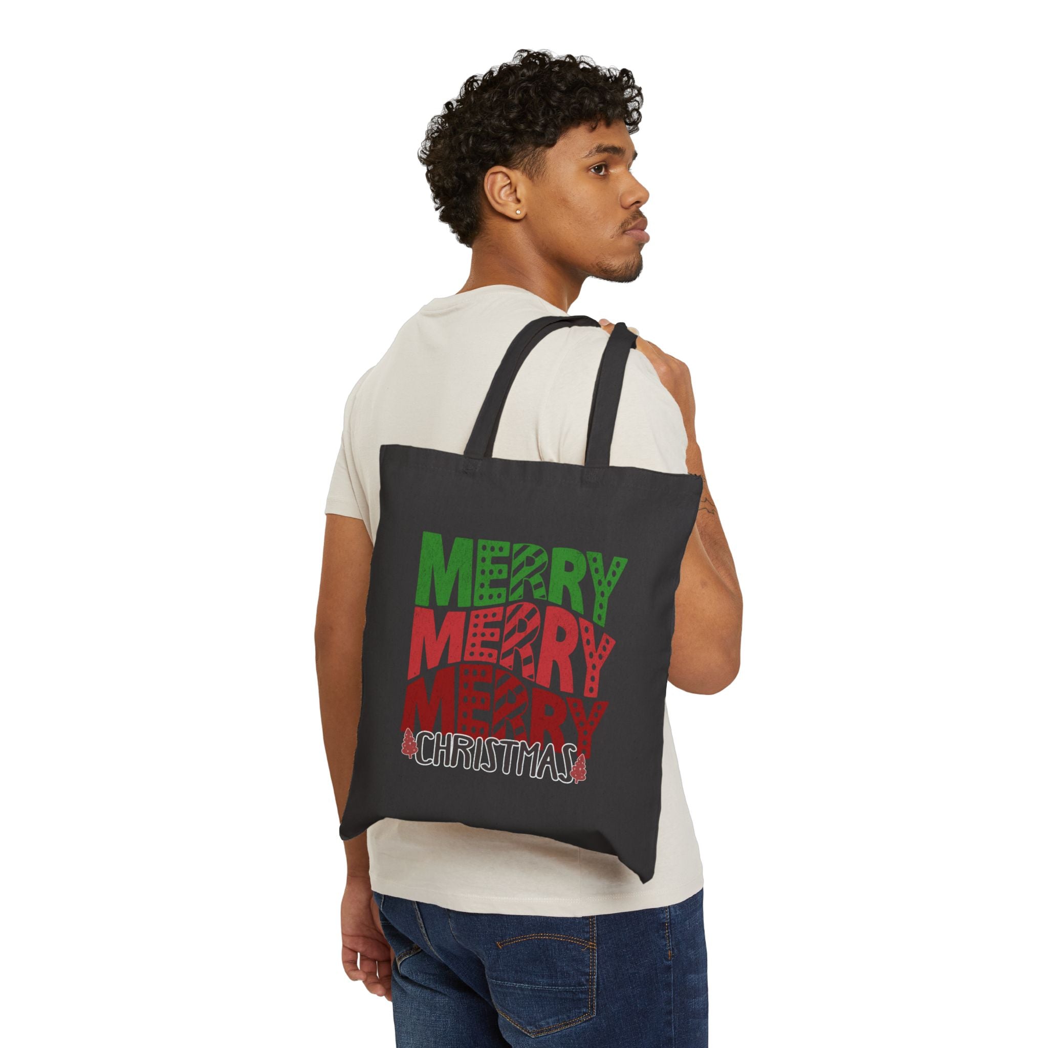 Merry Merry Merry Christmas Tote Bag — Festive Holiday Cotton Canvas Shopper