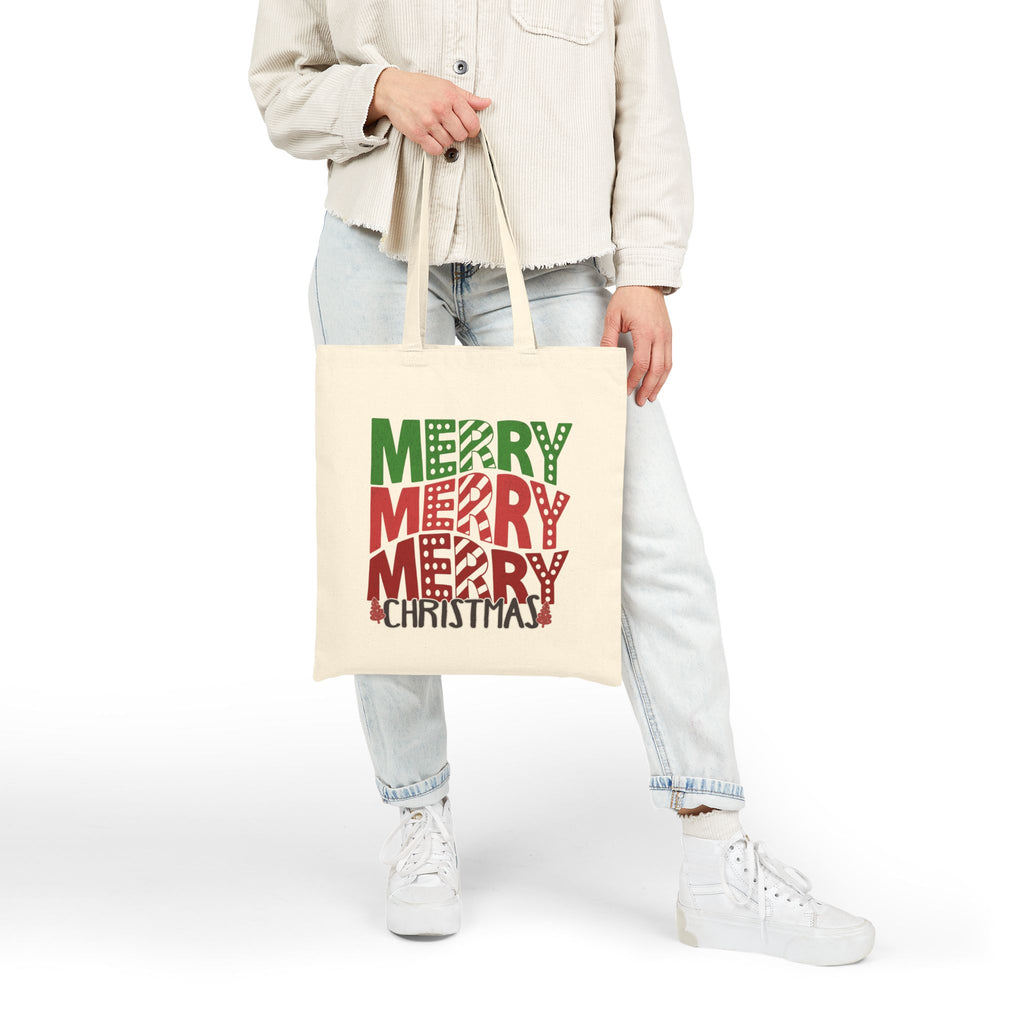 Merry Merry Merry Christmas Tote Bag — Festive Holiday Cotton Canvas Shopper