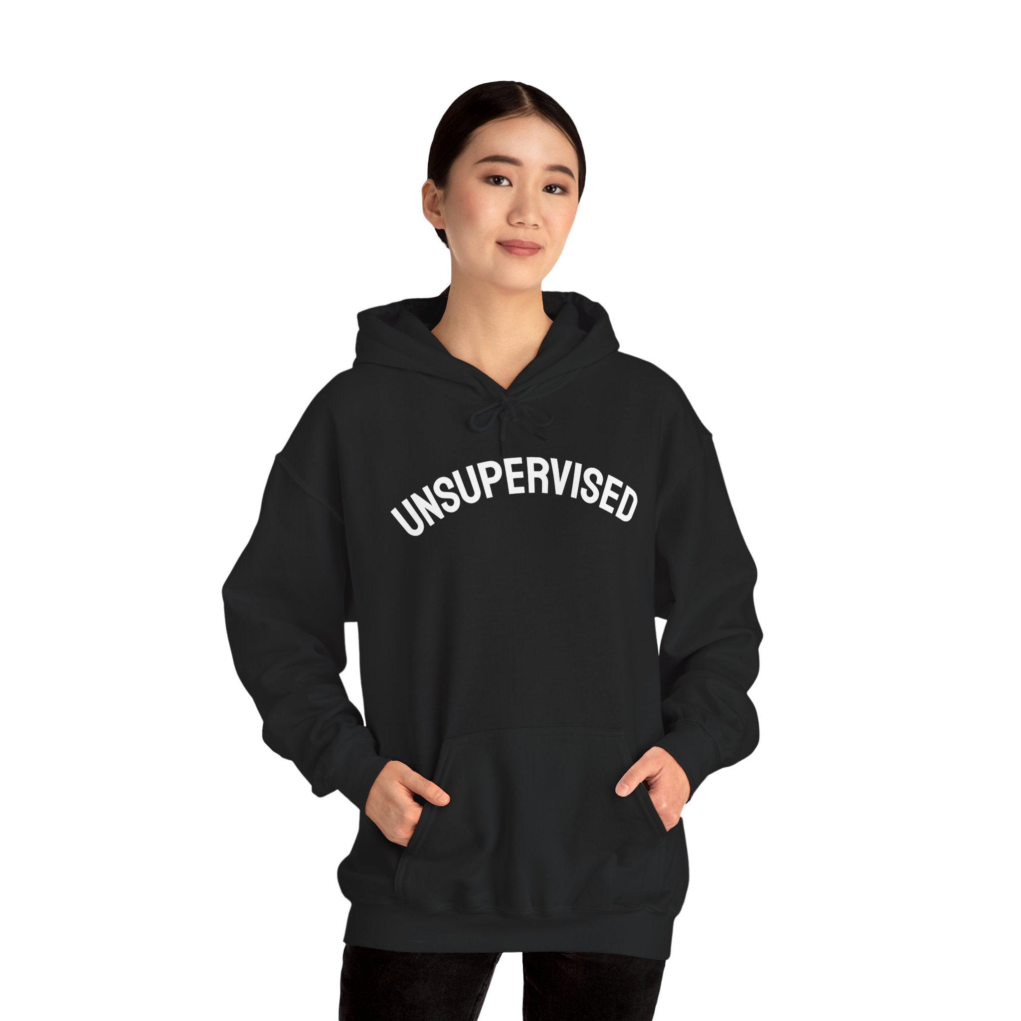 black oversized UNSUPVISED hoodie with kangaroo pocket for men
